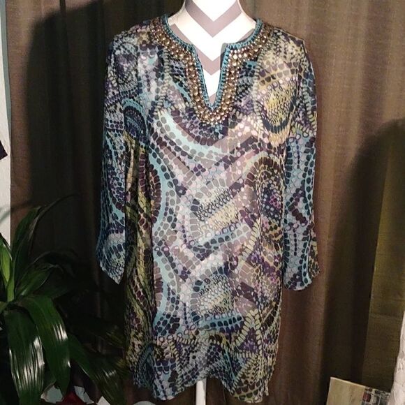 Grace Elements Blu/blk Studded Tunic Blouse - Picture 1 of 8